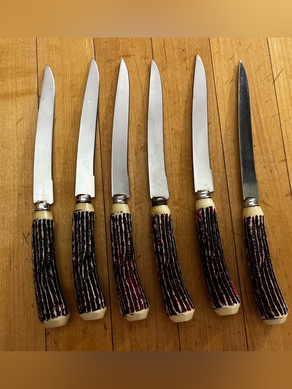 Vintage Faux Stag Antler Handle Steak Knives Japan Stainless Steel Mid Century